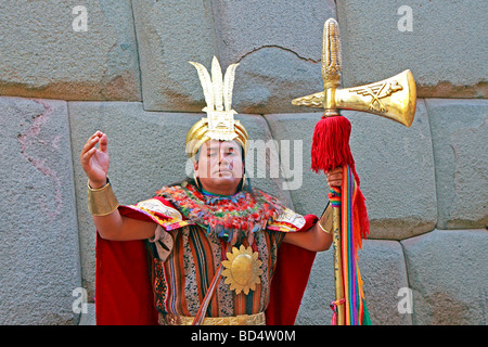 actor performing as an Inca Warrior, Calle Hatun Rumiyok, Cuzco, Peru, South America Stock Photo