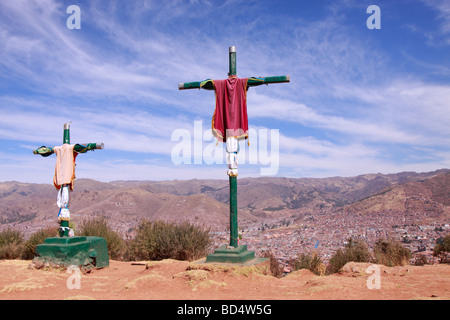 crosses at a viewpoint, Cuzco, Peru, South America Stock Photo