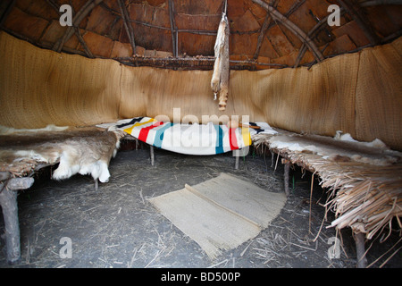 American beds historic history inside native old wigwam Woodland Indians Sauder Village American in Ohio USA US horizontal hi-res Stock Photo