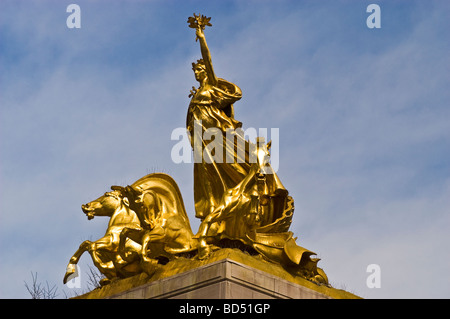 Gold statue, Maine Memorial, Columbus Circle entrance, Central Park, Manhattan New York City, New York, USA Stock Photo