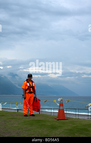 Coast guard keeps watch on the coastline along Chisingtan Scenic Area in Hualien as Typhoon Morakot approaches the east coast of Taiwan, Aug. 6, 2009 Stock Photo