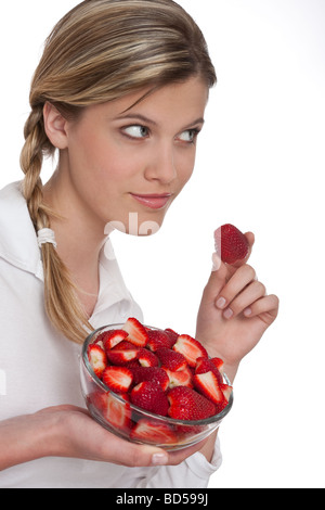 Healthy lifestyle series - Woman with strawberry on white background Stock Photo