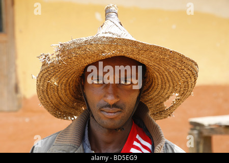 Man in a straw hat, portrait, Mbororo ethnic group, Bamenda, Cameroon, Africa Stock Photo