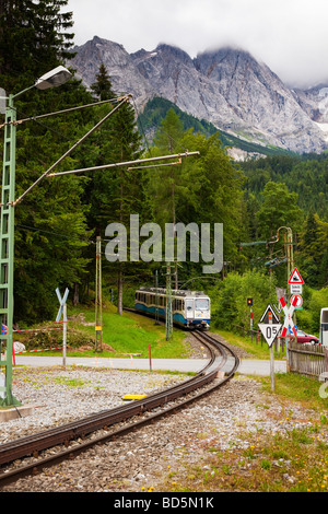 Alps mountain railway and train going up the Zugspitze in Bavaria, Germany, Europe Stock Photo