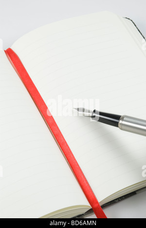 Lined shorthand open notepad with silver pen arranged on white background Stock Photo
