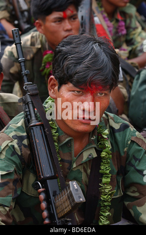 RUKUM DISTRICT NEPAL APRIL 22 2004 A battalion of Maoist insurgents gather in Rukum district April 22 2004 weeks after their Stock Photo