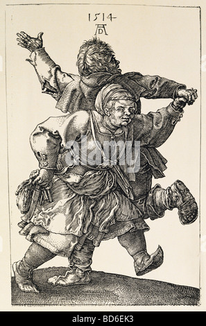 dance, dancers, dancing peasant couple, copper engraving by Albrecht Duerer, 1514, Artist's Copyright has not to be cleared Stock Photo
