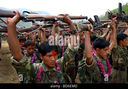 RUKUM DISTRICT NEPAL APRIL 22 2004 A battalion of Maoist insurgents gather in Rukum district April 22 2004 weeks after their Stock Photo