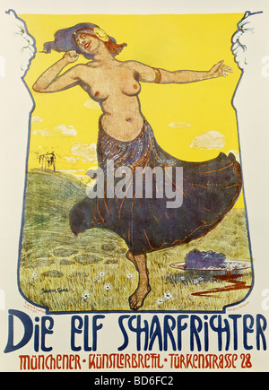 fine arts, Art Nouveau, graphic, advertisement of the cabaret 'Die Elf Scharfrichter' (The Eleven Executioner), by Serappion Stock Photo