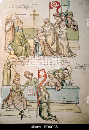 fine arts, middle ages, miniature, Council of Constance, 1414 - 1418, investiture of Johann of Nassau to Archbishop of Mainz and of count Adolf II to Duke of Cleves, 1417, Chronicle of Ulrich von Richenthal, 15th century, Rosgarten Museum, Konstanz, , Artist's Copyright has not to be cleared Stock Photo