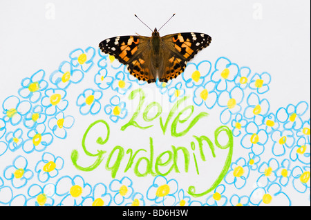 Painted lady butterfly on love gardening and flowers drawing Stock Photo