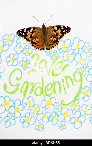 Painted lady butterfly on love gardening and flowers drawing Stock Photo