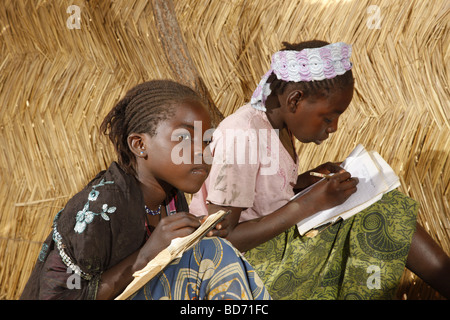 School children, two girls, during lessons, at Lagdo Lake, northern Cameroon, Cameroon, Africa Stock Photo