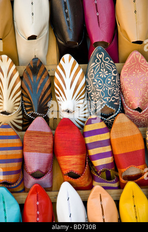 Soft leather slippers in the Souk, Medina, Marrakesh, Morocco, North Africa Stock Photo