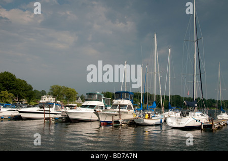 Boats moored at marina on Sodus Bay, NY USA., Stock Photo