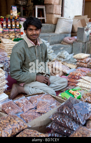 Bodhnath, Nepal.  Vendor of Dried Fruits and Nuts at the Buddhist Stupa of Bodhnath. Stock Photo