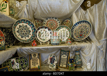 Hand painted authentic Armenian ceramics and pottery for sale at an Armenian tile workshop East Jerusalem Israel Stock Photo