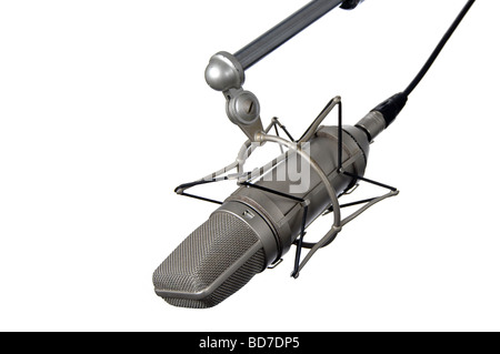 Vintage Microphone on stand isolated over a white background Stock Photo