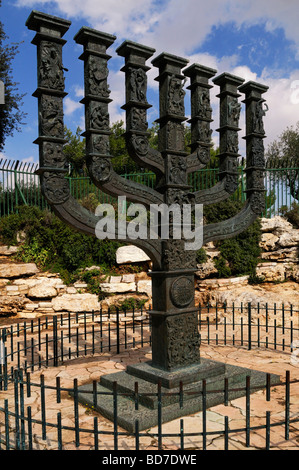 The Knesset Menorah bronze sculpture designed by Benno Elkan ( 1956) in front of the Israeli Knesset parliament building in west Jerusalem Israel Stock Photo