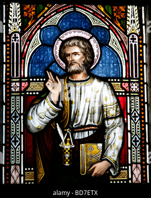 A Stained Glass Window attributed to Frederick Preedy (1820-1898) depicting Saint Mark holding a book, St. Barnabas Church, Snowshill Gloucestershire Stock Photo