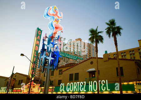 The famous neon signs of Fremont Street at dusk in downtown Las Vegas, Nevada, U.S.A. Stock Photo