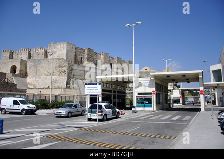 Tarifa Castle and border control at Port, Tarifa, Cadiz Province, Andalusia, Spain Stock Photo