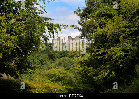 Ludlow Castle in Shropshire surrounded by the trees of Mortimers Forest Stock Photo