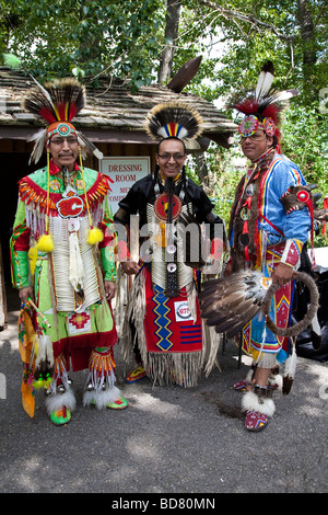 North American Plains Native Indian in traditional dress at Pow Wow in the Indian Village at the Calgary Stampede Stock Photo