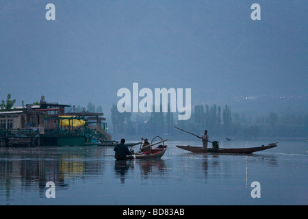 Early-morning boat activity preparing for the floating market in Srinagar, Kashmir Stock Photo