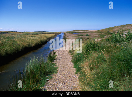 Salthouse marshes with drainage ditches protected from the North Sea by high shingle banks which are constantly being repaired. Stock Photo