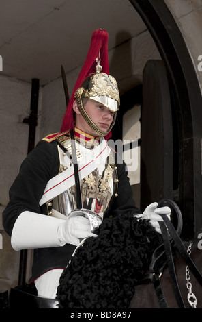 Ceremonially uniformed mounted Horse Guard on duty in sentry box at Admiralty Arch, Whitehall,  London Stock Photo