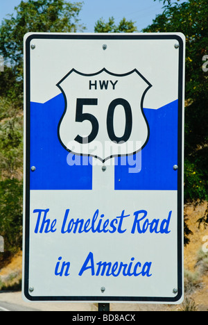 Road sign on Highway 50 'the loneliest road in America' near Austin, Nevada, USA Stock Photo