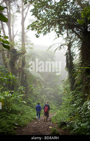 Young couple walking along a trail in the Monteverde Cloud Forest Reserve in Costa Rica. Stock Photo