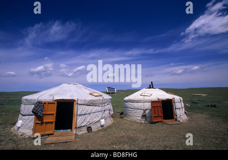 Traditional ger tent home of Mongolian nomads on the grass plains of ...