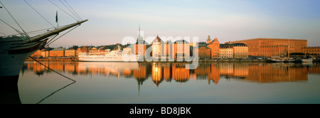 Af Chapman schooner at Skeppsholmen across from The Old Town in Stockholm at sunrise Stock Photo