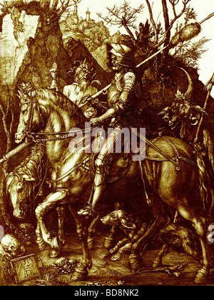 The Knight Death and the Devil 1513 From reproduction in Albrecht Durer Kupferstiche Holbein Verlag 1920 Stock Photo