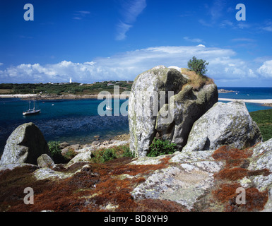 Isle of Scilly - St Agnes viewed from the island of Gugh showing The Bar, a sandbar which joins the two islands at low tide Stock Photo