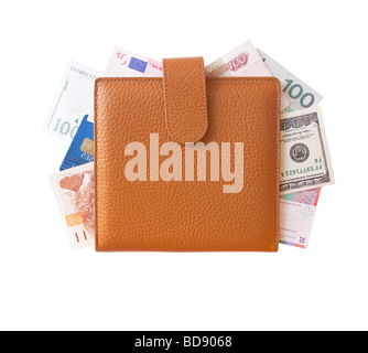 Beige organizer filled with different currencies isolated over white background. View from above. Stock Photo