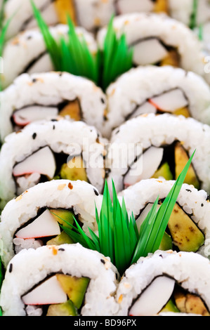 Close up on tray of assorted sushi appetizers Stock Photo