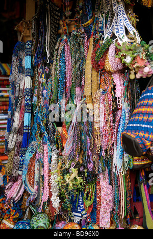 Beadwork is also one of the native textiles sold in market stands in Antigua, Guatemala, Central America. Stock Photo