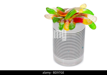Gum worms coming out of a can 'Opening up a can of worms' Stock Photo