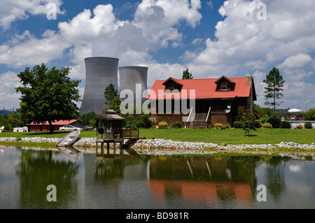 Cabin Reflected in Lake with Watts Bar Nuclear Power Plant Cooling Towers Behind in Meigs and Rhea County Tennessee Stock Photo