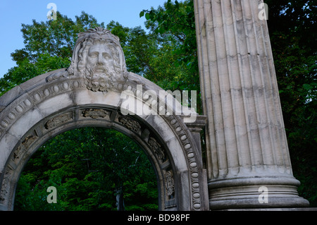 Detail of stone carving on archway and column in the Guild Sculpture Gardens Toronto Stock Photo