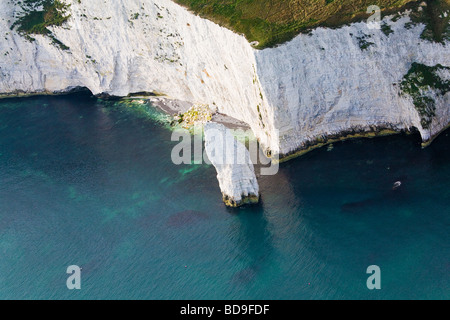 Aerial view of The Pinnacle, one of the chalk stacks off Ballard Down cliffs, near Old Harry Rocks, Dorset, UK. Stock Photo