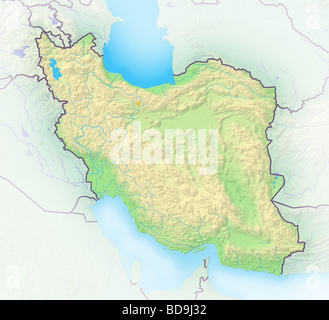 A shaded relief topographic map of Iran on a light blue background ...