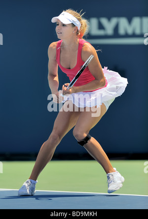 Maria Kirilenko of Russia serves during the Los Angeles Open Championship US Open Series doubles final. Stock Photo