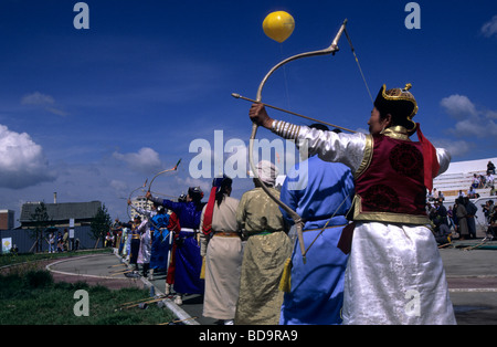 Female archers during the Naadam contest, Ulaanbaatar, Mongolia Stock Photo