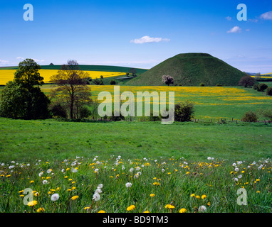 The ancient man made Neolithic chalk mound of Silbury Hill surrounded by fields of dandelions and rapeseed near Avebury, Wiltshire, England. Stock Photo