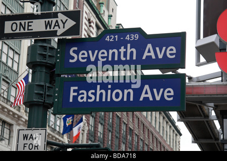 Typical road junction signpost on Seventh Avenue (Fashion Avenue), New York, United States. Stock Photo