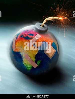 Still shot of a world globe with a lit fuse on it like a bomb Stock Photo